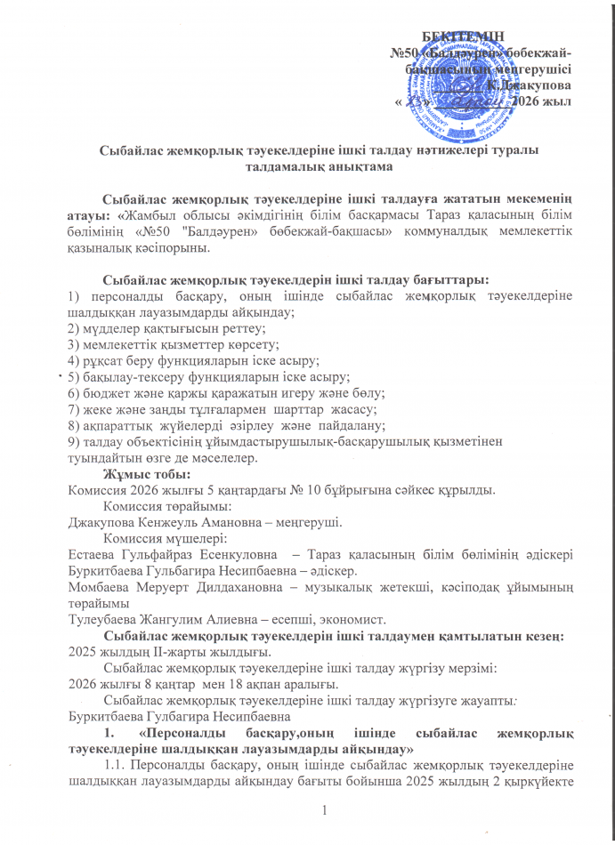 Сыбайлас жемқорлық тәуекелдеріне ішкі талдау нәтижелері туралы талдамалық анықтама